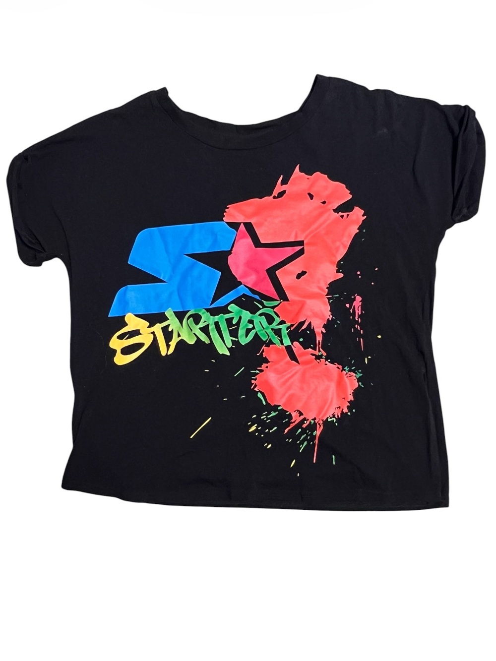 STARTER Black Tee with Neon Blue, Pink & Yellow Graphic